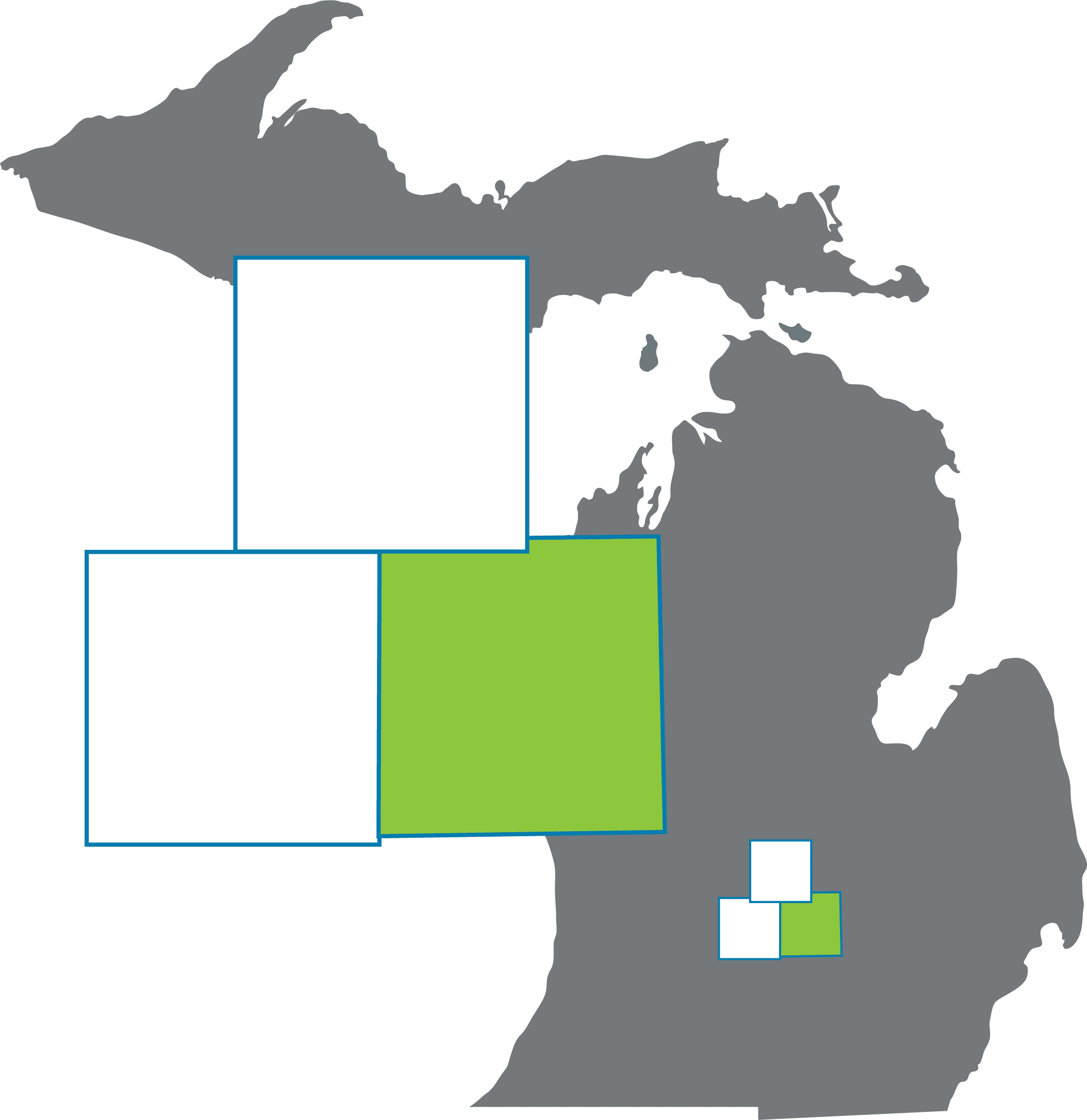 A map of Michigan highlighting Ingham County in green as part of the three-county Lansing region.